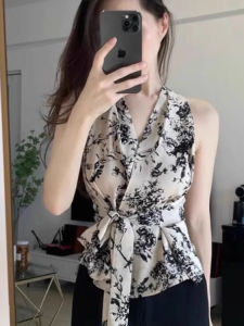 chaqi | Áo vest không tay kiểu Pháp dành cho nữ mùa hè 2025 Áo khoác ngoài cổ treo hở vai hoa họa tiết thanh lịch Áo sơ mi dài thường ngày