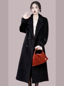 HARSIDE Chinese Style Cashmere Coat Black Alpaca Wool Mid-Length Tweed Jacket Collar Stand-Up Winter Outerwear Coat