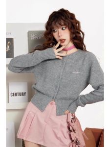 เสื้อคาร์ดิแกนถักสีเทาแขนยาวปานกลางสำหรับผู้หญิง ฤดูใบไม้ผลิและฤดูใบไม้ร่วง เสื้อคลุมคาร์ดิแกนขนสัตว์แบบบาง ทรงเข้ารูป ทรงสั้น สไตล์เกาหลี