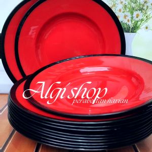 6Pcs Free Sendok Piring Ramen Viral Terbaru Besar 23cm Hitam Merah Glossy Berulir Foodgrade