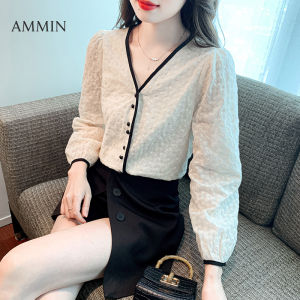 AMMIN เสื้อเบลาส์แขนยาวคอวีปะต่อสไตล์ฝรั่งเศสเสื้อเบลาส์แขนพองหวานหวานแนววินเทจปักลายดอกไม้แนววินเทจมีระบายเสื้อชีฟองหญิงสีสไตล์เกาหลีเรียบง่ายตัดกับฤดูใบไม้ร่วง2023