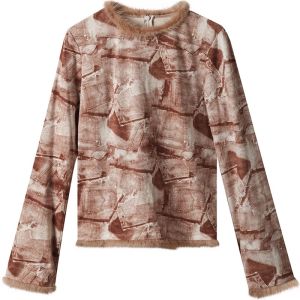 SOLWEIGE | SOLWEIGE Original Design Retro Fashionable Denim Elastic Print Suede Collar Long Sleeve T-Shirt Round Neck Short Style Polyester Fiber