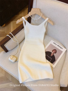 Pure Desire Style Open Back Knitting Dress Womens Summer Seaside Vacation Sleeveless Strap Vest Dress Elegant Hip Skirt