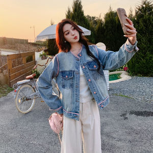 Korean Style Short Casual round Neck Denim Jacket Womens Spring New Design Color Block Top Button up Shirt for Young Ladies