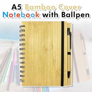 PrintYourStyle A5 Bamboo Notebook Eco-Friendly Plain with Black Pen and Black Garter School & Office Supplies