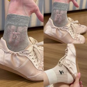 Phong Cách Múa Ba Lê Màu Xám Nữ Tất Ngắn Mùa Hè Mỏng Chải Kỹ Cotton Vải Bông Vớ Ống Thắt Nút Bướm Rỗng Ra Ngoài Thoáng Khí Hút Ẩm