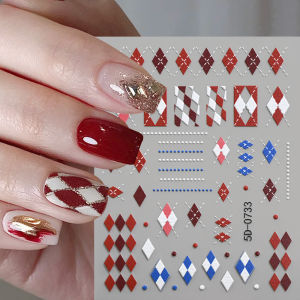 1Pc 5D Klein Blue Rhombus Plaid Bow Nail Stickers Dotted Line Diamond Grid Self-Adhesive Nails Decal Sweet Grids Manicure Slider