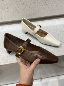 Soft Leather French Style Square Head Low Heel Single Shoes Womens Spring New Commute Slip-On Buckle Work Shoes Fashionable