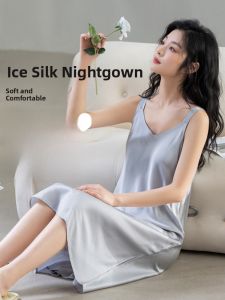 Miiow | Ice Silk Sleep Dress Womens Summer Thin Anti-Bulge Strapless Gown Cooling Home Clothes With Chest Pad V-Neck Mid-Length Dress