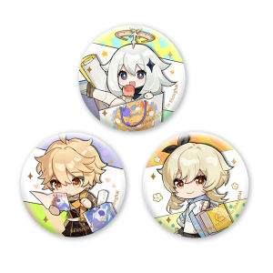 58 มม.เกม Genshin Impact Paimon Lumine Aether คอสเพลย์เครื่องแต่งกาย Badge Pin SPTE Tinplate เข็มกลัด Prop Xmas Gilf