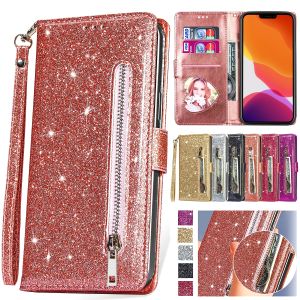 Zipper Flip Wallet Glitter Leather Case for iPhone 16 15 14 13 12 11 Pro Max XS XR 8 7 Plus SE 16E Mini Bling Stand Phone Cover