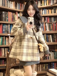 Hai Mặt Kẻ Caro Len Áo Khoác Nữ Mùa Thu Mùa Đông Áo Choàng Lười Cao Cỡ Nhỏ Mới Vải Tweed Áo Khoác Ngoài Thời Trang Chi Tiết Nút
