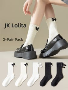 JINGCHI | Lolita Mid-calf Socks Womens Autumn Winter Style With Small Leather Shoes JK Socks Butterfly Knot Trendy Long Socks