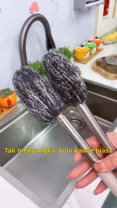 GTB Sikat bola baja dengan pegangan tiang panjang untuk mencuci panci tidak berkarat membersihkan dapur tidak melukai tangan mencuci piring botol dan toples tidak menjatuhkan terak kompor R1346