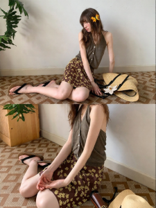 NIHAOKANONG | Chân Váy Xòe Cao Waist Floral Với Dây Buộc Bên