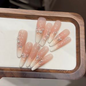 10pcs Long Press on Nails French Style Tip Cat Eye Handmade DIY Nail with Pearl Bowknot Detachable Nail for Women Wedding Decor