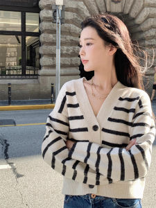 YUFUQING | Korean Style Lazy Striped Knitted Open Cardigan Long Sleeve Short Vintage V-neck Women Early Autumn New Fashion Top Coat