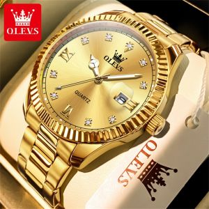 OLEVS Watch For Men Original Brand Waterproof Pawnable Import Movement Fashion Luxury Gold Stainless Steel Strap Calendar Gift For Boyfriend