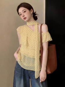 Plus Size Spaghetti Strap Short Sleeve Off Shoulder Chiffon Blouse