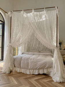 Princess Style Lace Courtroom Mosquito Net Floor Standing Three Door Closure Light Blocking Dust Proof Linen Bed Curtain French Style