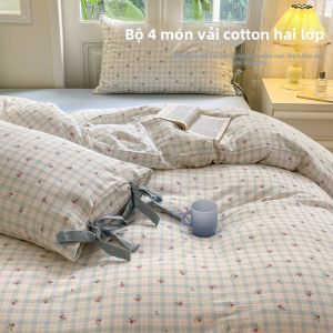 BEIPIN | Bộ Đồ Chăn Ga Gối Bốn Mảnh Cotton Grid