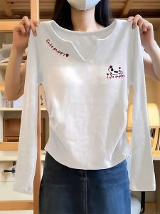 Womens V-Neck Long Sleeve Base Shirt Lazy Style Inner Wear Top Cotton Loose Fit Short Length Printed T-Shirt for Daily Use