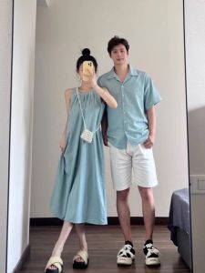 Seaside Vacation Style Couple Wear Summer One Dress One Dress Mens Short-Sleeve Shirt Womens Sling Sleeveless Slimming Dress