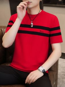HENGYUANXIANG | Hengyuanxiang Mens Short Sleeve Knitted Sweater Fashionable Slim Fit Red Color Block Base Layer Shirt For Youth Winter Season