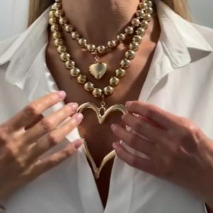 PuRui Exaggerated Vintage Large Heart Pendant Necklace Fashion Creative CCB Beaded Chain Party Banquet Accessories Jewelry Gift