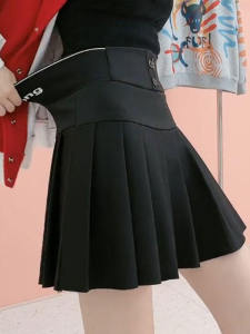 High Waist Black Pleated Mini Skirt Letter Pattern Elastic Waistband Autumn Design Spring Summer A-Line Short Skirt