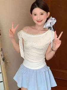 Polka Dot Lace Shoulder Banded Short Sleeve Womens T-Shirt Slim Fit Summer Hot Girl Casual Cotton Tee Shoulder Bear Diamond