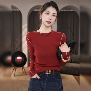 YUFUQING | Red Casual Round Neck Long Sleeve Knitted Sweater Womens Early Autumn New Style Youthful Slimming Versatile Trendy Top