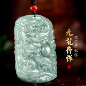 Cadia Ngọc Chín Rồng Ngọc Miến Điện Tự Nhiên Mặt Dây Chuyền Nam Màu Xanh Băng Vòng Cổ Có Chứng Chỉ Y1N