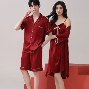 MiiOW | Ice Silk Couple Sleepwear Short Sleeve Lightweight Summer Suit For Men And Women Red Wedding Celebration Home Clothes Set