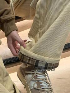 Japanese-Style Retro Gingham Corduroy Pants for Women Spring Fall and Winter Fleece-lined Thickened Casual Wide Leg Creamy-white Track Sweatpants