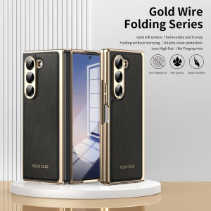 VIETAO Gold Plated Egde Anti-Shockproof Faux Leather Z Fold 7 Phone Case With Front Screen Glass Film For Galaxy Z Fold 7 6 5 4