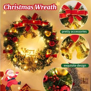 30CM Christmas Wreath Xmas Tree Door Wall Hanging Decoration Xmas Home Decor Artificial Garland with Light