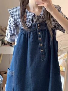 Váy Denim Cỡ Lớn Phong Cách Nhật Bản Cổ Điển Cho Nữ Mùa Hè Ngọt Ngào Thanh Lịch Váy Hai Mảnh Cạp Cao Tay Ngắn