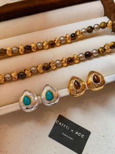 CAFFTI | Aquamarine and Tiger Eye Metal Silver Teardrop Earrings