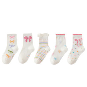 5 Pairs Bow Ties Kids Girls Mid-calf Socks Sweet Selected Combed Cotton Solid Breathable Comfortable Childrens Socks for Girls