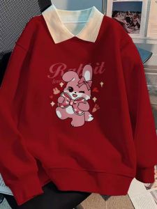 เสื้อสเวตเตอร์คอโปโลสีแดงหนาสำหรับผู้หญิงไซส์ใหญ่ ฤดูใบไม้ร่วง/ฤดูหนาว เสื้อคลุมกันหนาวแบบสวมหัวแขนยาวสไตล์เกาหลี ปกติ