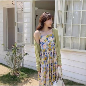 New Summer Vintage Sweet Soft Style Beach Vacation Print Halter Dress Small Size Womens Dress Silk Fabric No Sleeve Dress