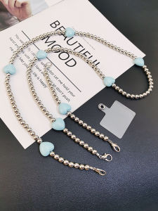 Handmade Pearl Mobile Phone Lanyard Womens Crossbody Shoulder Bag Chain Silver Blue Beads Anti-Loss Long Dangle Pendant