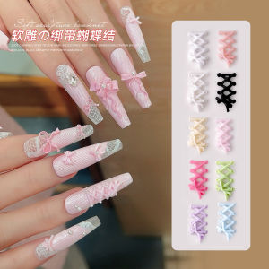 20pcs Soft Carved Bow Nail Art Accessories Sweet Colored Black White Cross Strap Bow Ribbon Nail Charms DIY Manicure Decorations