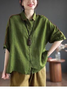 เสื้อเชิ้ตคอโปโลแขนสั้นผ้าลินินไซส์ใหญ่สำหรับผู้หญิงในฤดูร้อนปี 2023 สไตล์เรโทร เสื้อเชิ้ตผู้หญิงทรงหลวมสบายๆ คอกลม