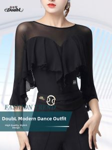 DANBAOLUO | Black Ruffled 3/4 Sleeve Modern Latin Ballroom Dancewear Women