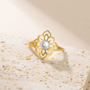 Fashion hollow lotus ring with transparent rhinestone flower of life stainless steel womens ring couple ring jewelry gift
