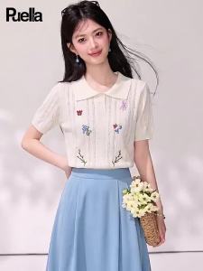 puella | Summer New Arrival Korean Style Embroidered Hookflower Short Sleeve T-shirt for Women