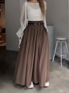 New Korean Skirt Women Solid Color Versatile Mid-length Pleated Female Long Skirts Elegant Large Swing A Line Womens Clothing