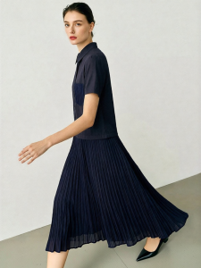 AMII | New Summer Dress With Collar Partially Open Front Material Contrast Pleated Casual Short Sleeve